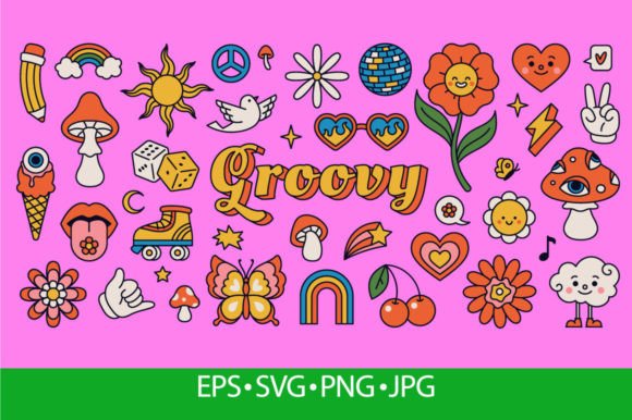 Download Retro 70s Hippie Stickers, Psychedelic - 70s Collection