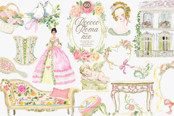 Download Watercolor Rococo Coquette Clipart Set - Rococo Collection