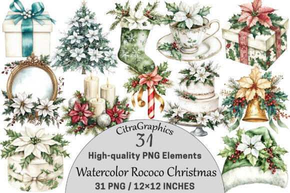 Download Watercolor Rococo Christmas Clipart. - Rococo Collection